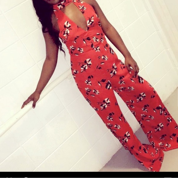 ORANGE FLORAL JUMPSUIT WITH SLIT - Picture 1 of 4